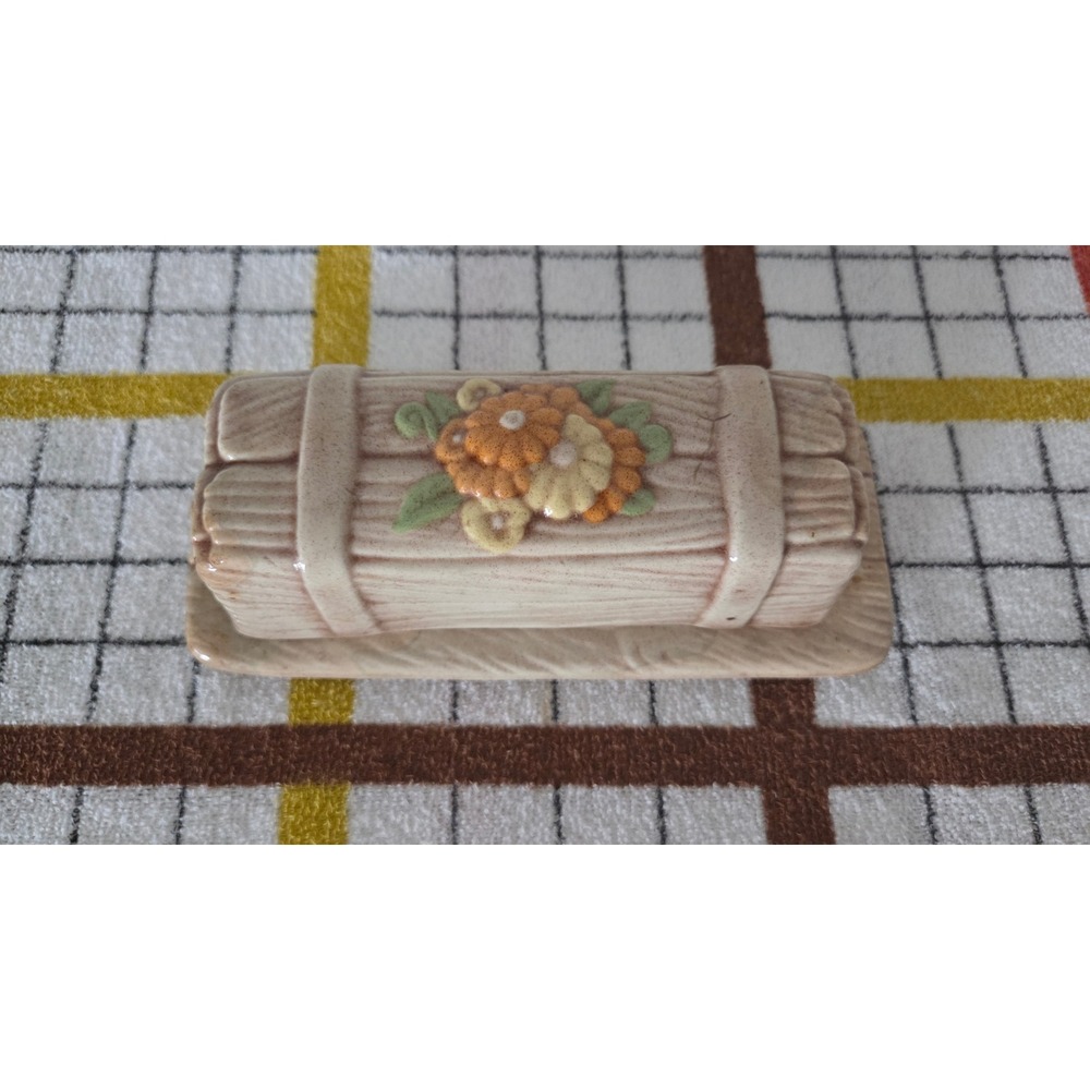 Vintage Ceramic Butter Dish Floral Log Design Rustic Farmhouse Kitsch Brown